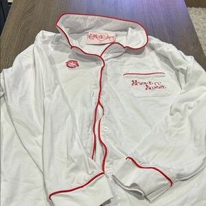 Sabrina Carpenter White and Red Trim Button-Up Pajama Set